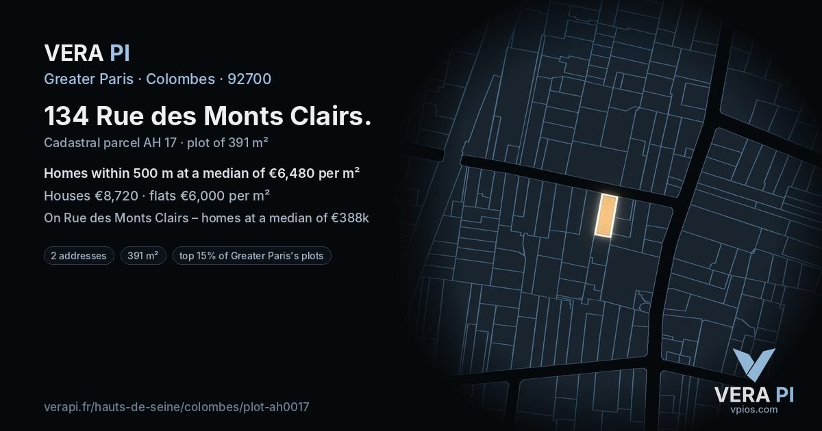 134 Rue des Monts Clairs, Colombes at night – the plot lit, the parcels around coloured by the prices near them