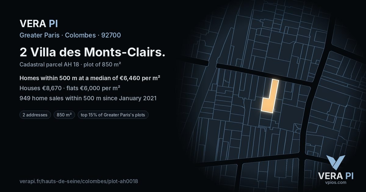 2 Villa des Monts-Clairs, Colombes at night – the plot lit, the parcels around coloured by the prices near them