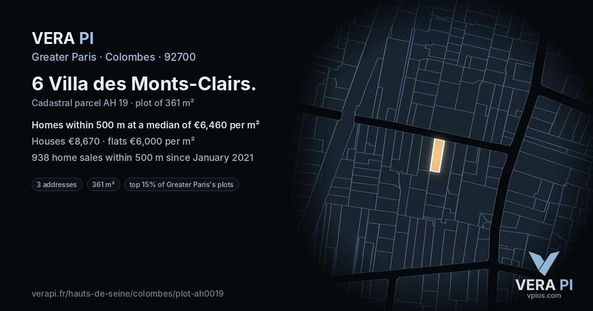 6 Villa des Monts-Clairs, Colombes at night – the plot lit, the parcels around coloured by the prices near them