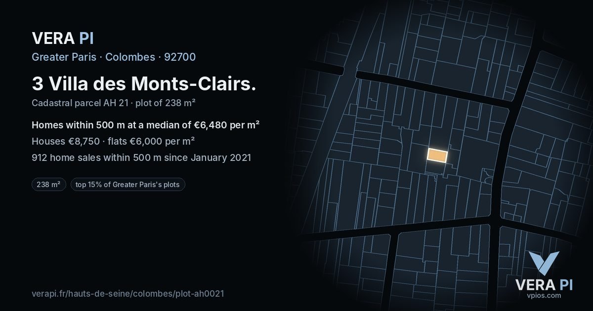 3 Villa des Monts-Clairs, Colombes at night – the plot lit, the parcels around coloured by the prices near them
