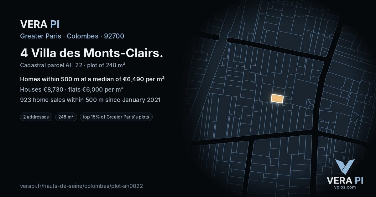 4 Villa des Monts-Clairs, Colombes at night – the plot lit, the parcels around coloured by the prices near them