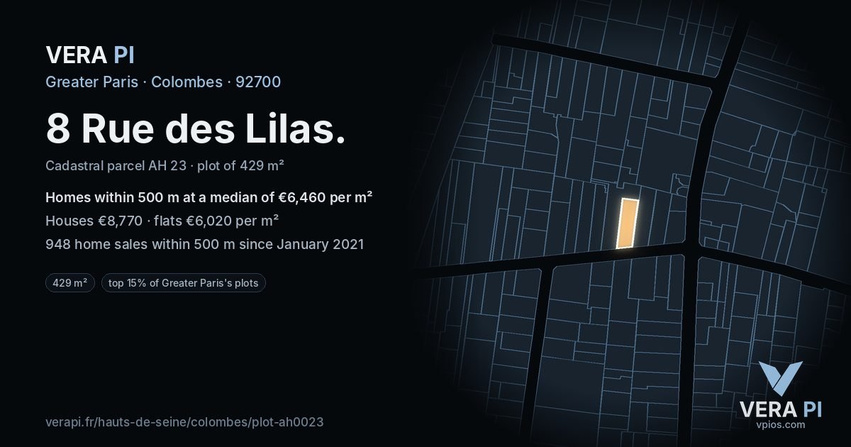 8 Rue des Lilas, Colombes at night – the plot lit, the parcels around coloured by the prices near them