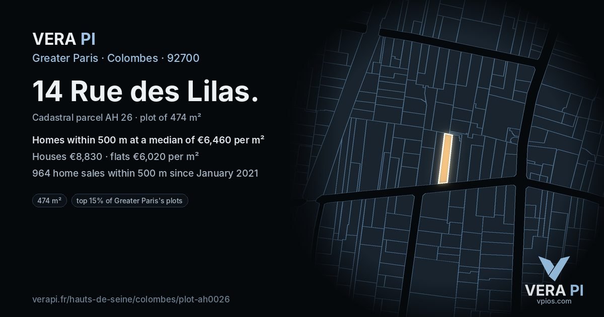14 Rue des Lilas, Colombes at night – the plot lit, the parcels around coloured by the prices near them