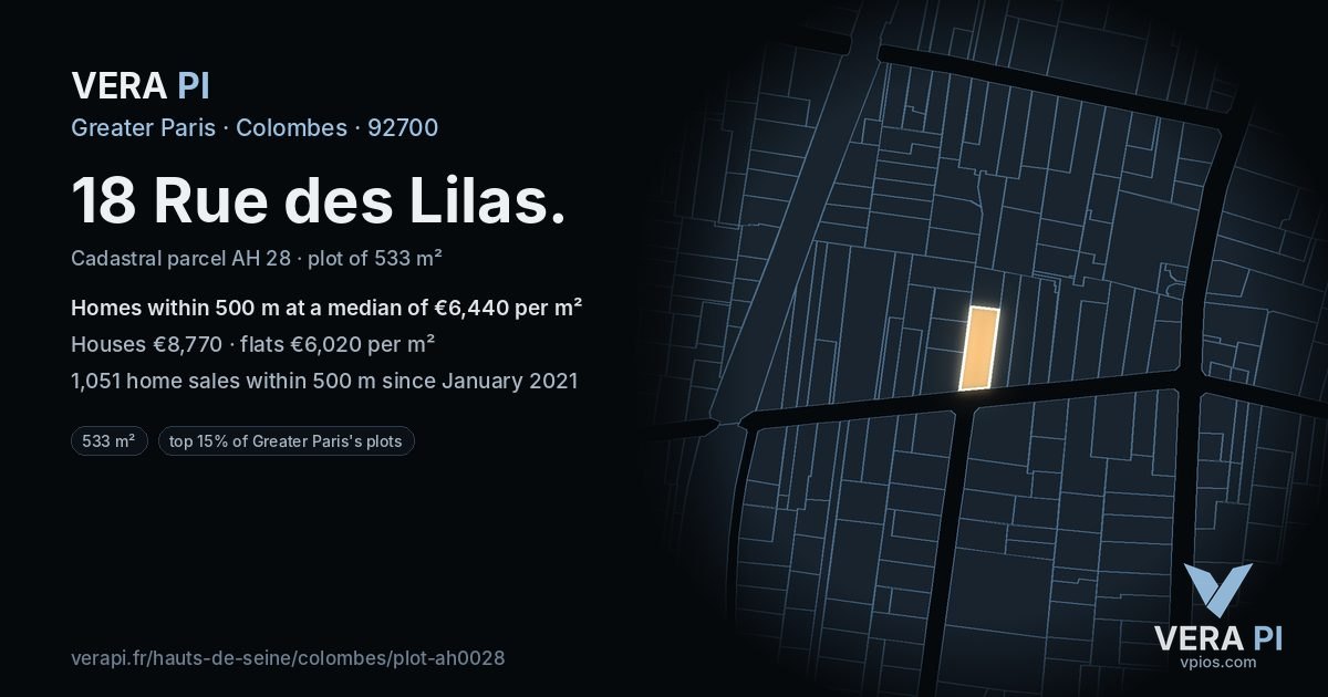18 Rue des Lilas, Colombes at night – the plot lit, the parcels around coloured by the prices near them