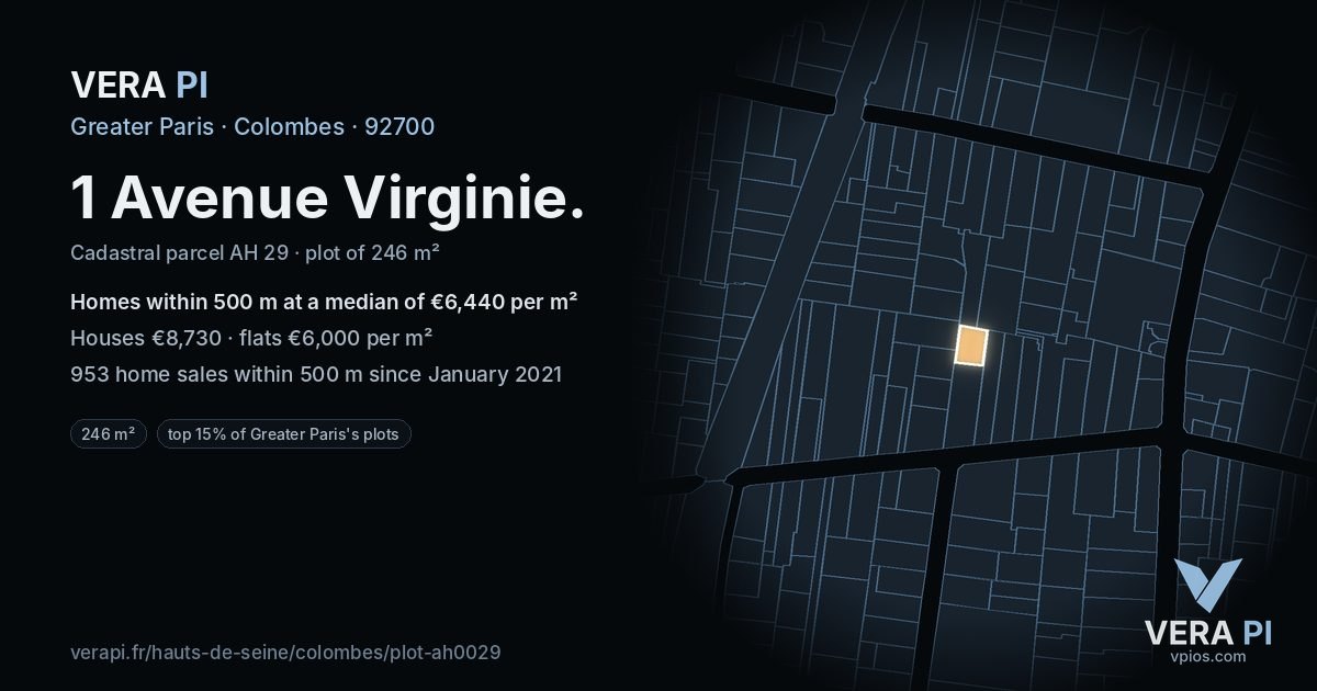 1 Avenue Virginie, Colombes at night – the plot lit, the parcels around coloured by the prices near them