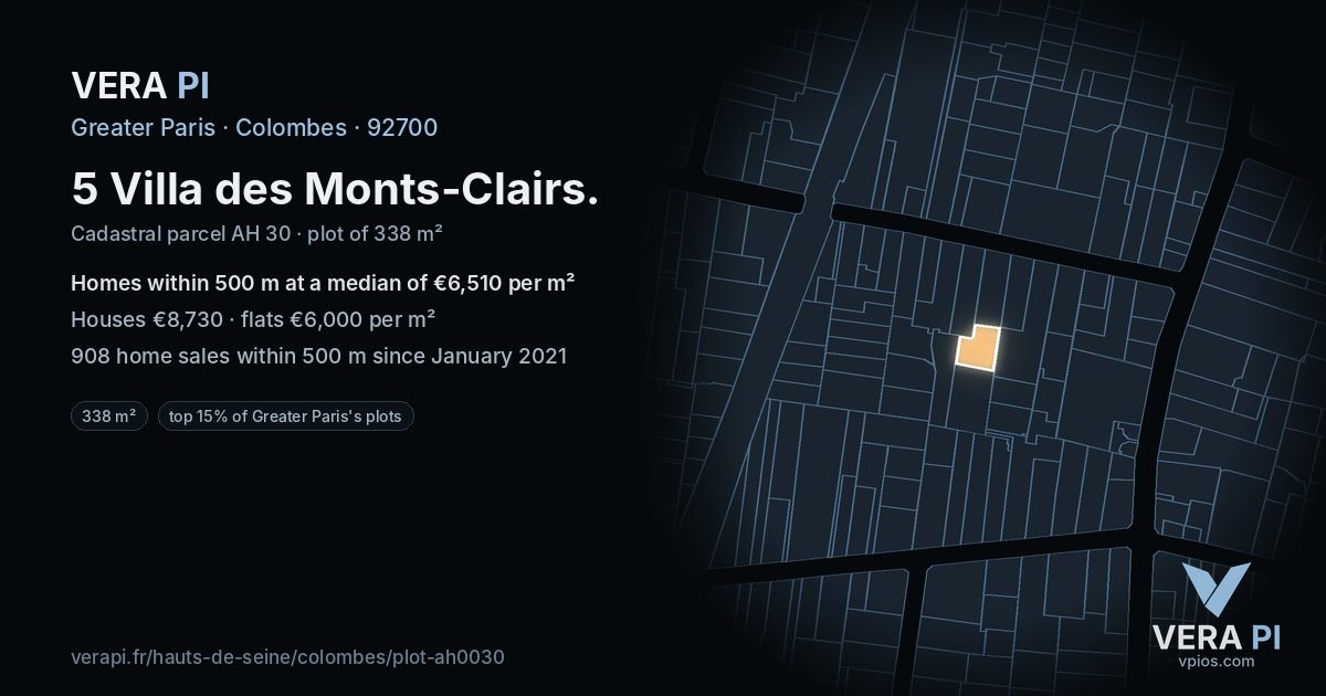 5 Villa des Monts-Clairs, Colombes at night – the plot lit, the parcels around coloured by the prices near them