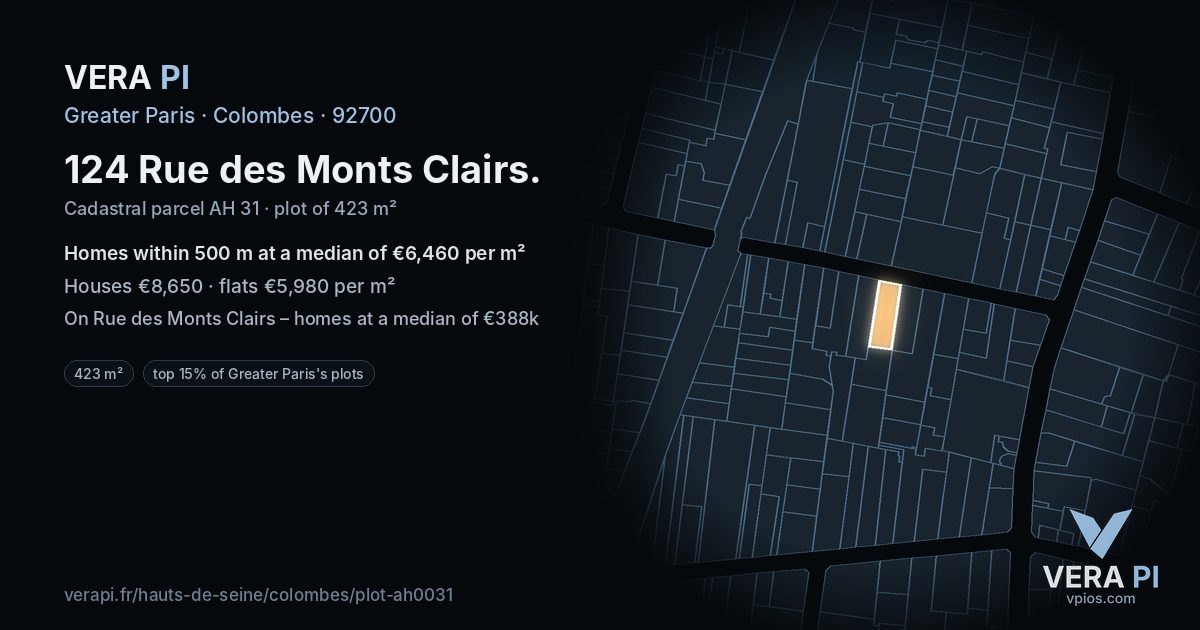 124 Rue des Monts Clairs, Colombes at night – the plot lit, the parcels around coloured by the prices near them