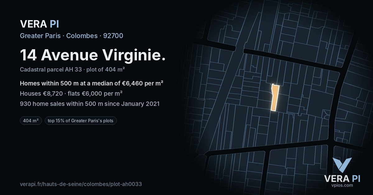 14 Avenue Virginie, Colombes at night – the plot lit, the parcels around coloured by the prices near them