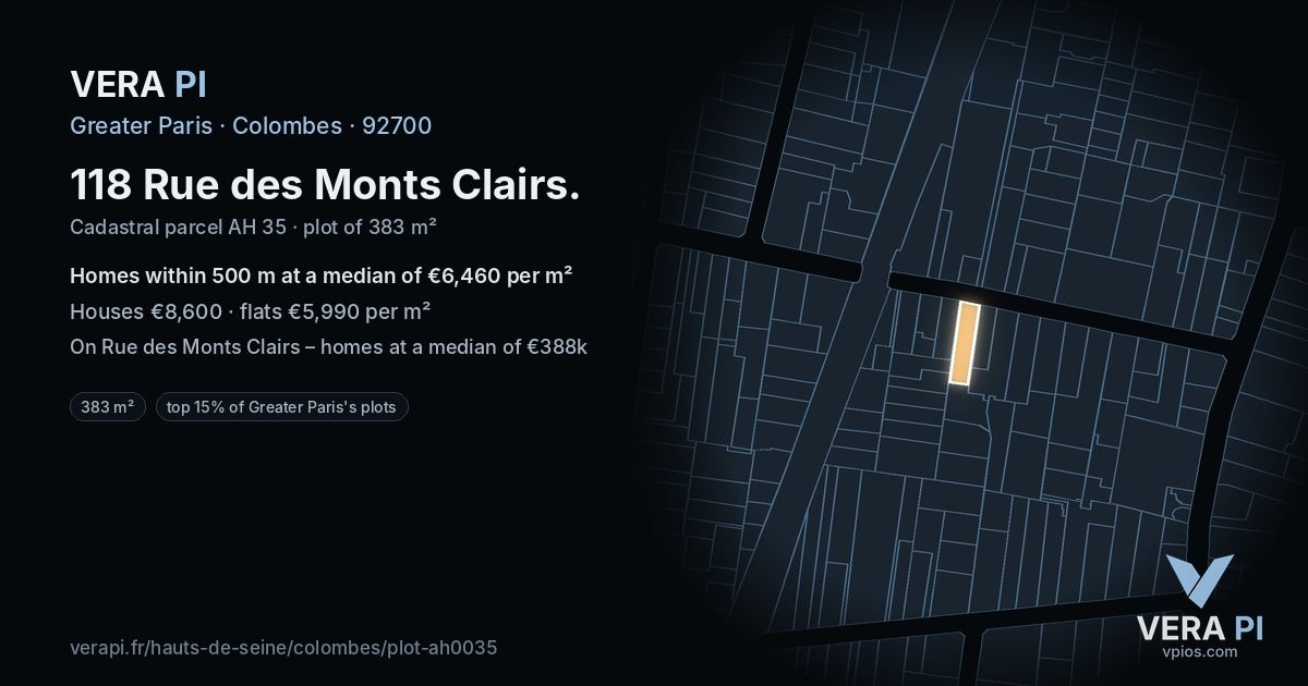118 Rue des Monts Clairs, Colombes at night – the plot lit, the parcels around coloured by the prices near them