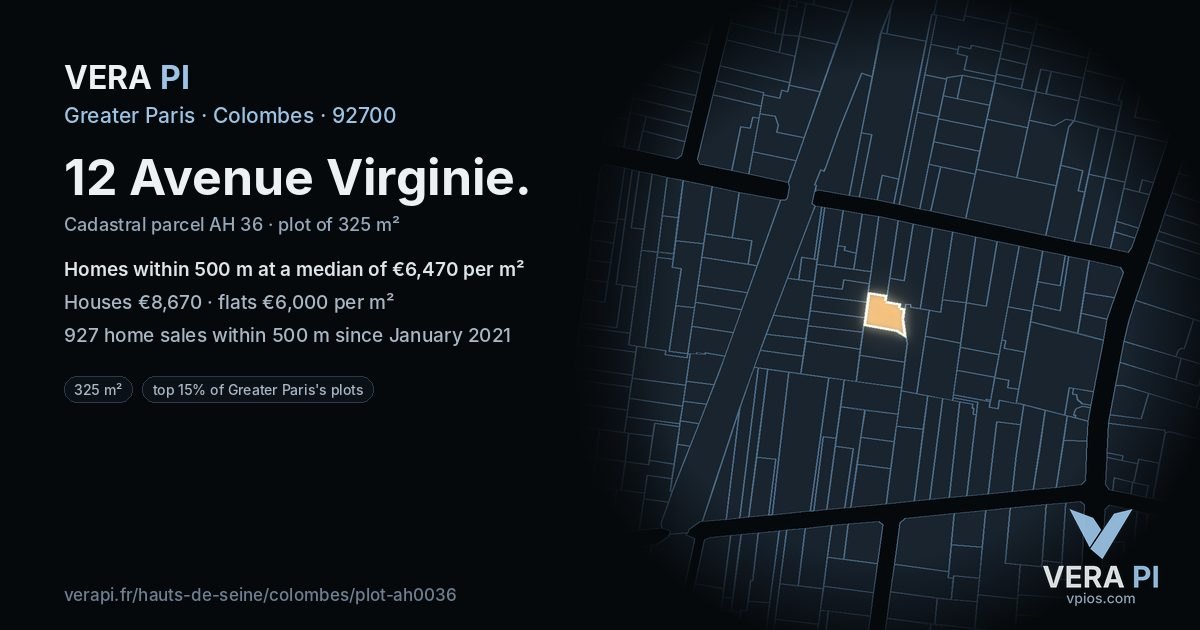 12 Avenue Virginie, Colombes at night – the plot lit, the parcels around coloured by the prices near them
