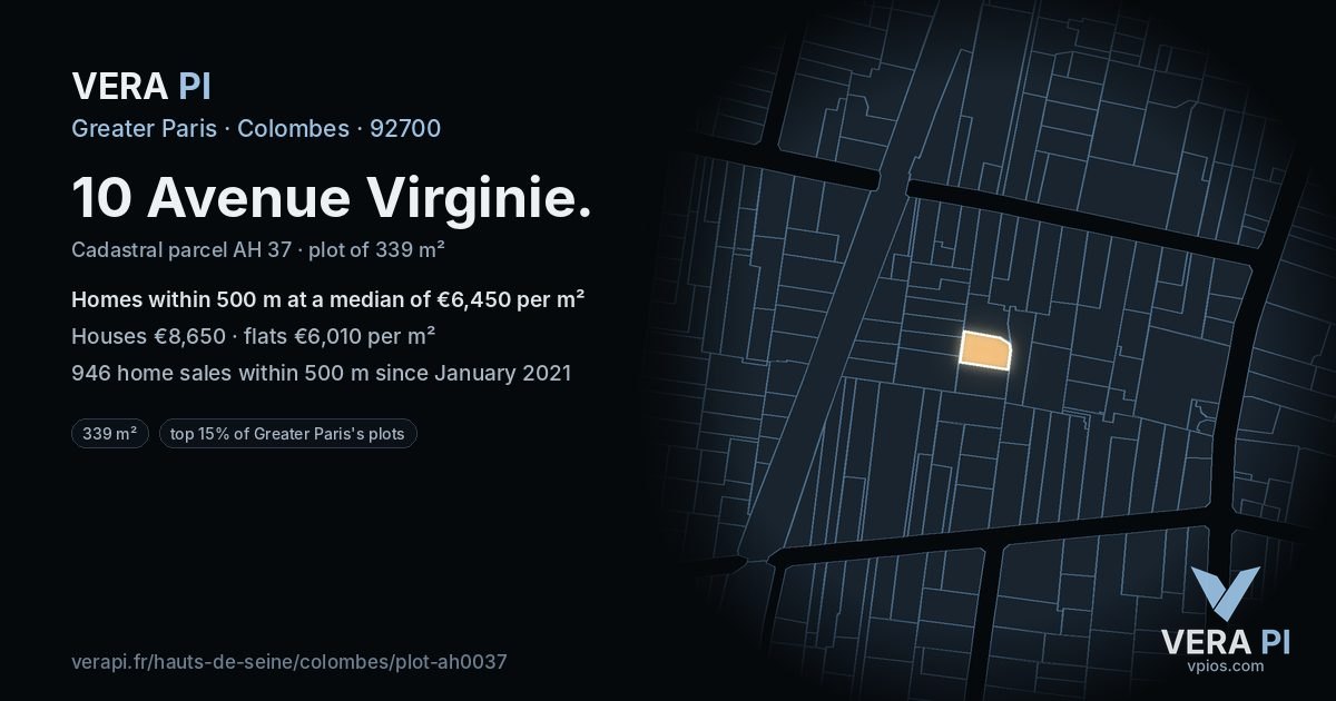 10 Avenue Virginie, Colombes at night – the plot lit, the parcels around coloured by the prices near them