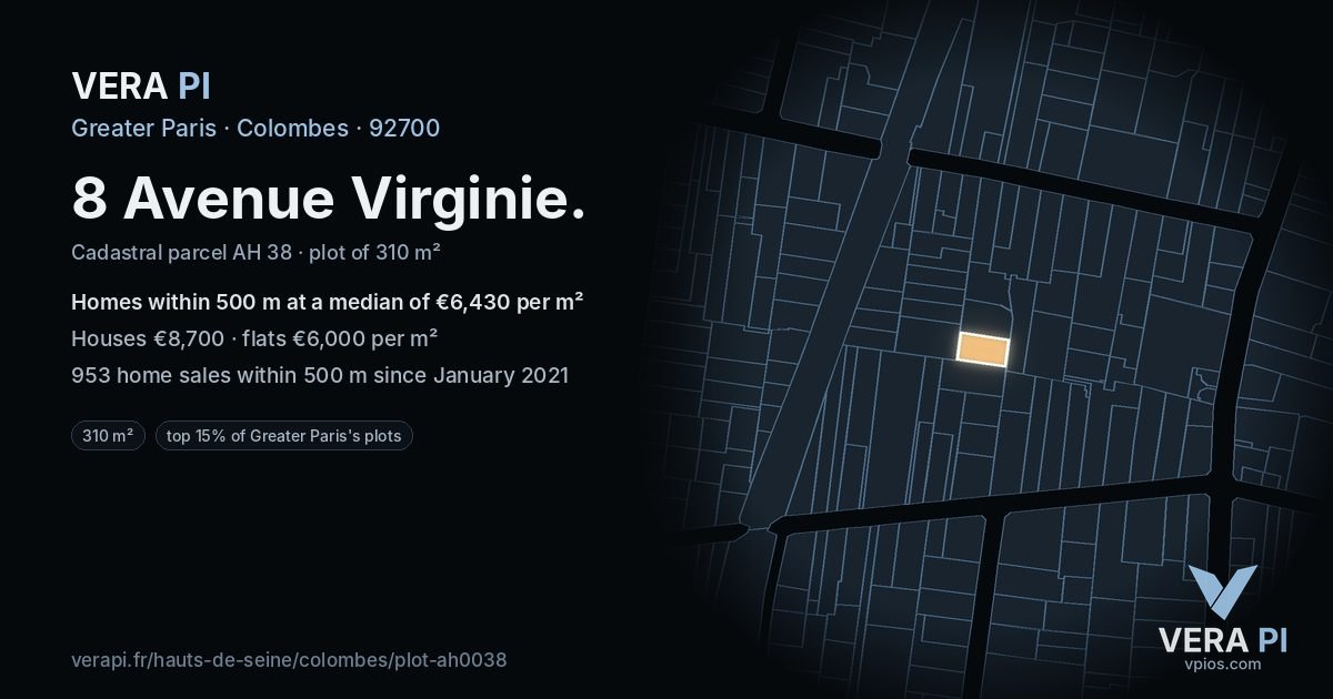 8 Avenue Virginie, Colombes at night – the plot lit, the parcels around coloured by the prices near them