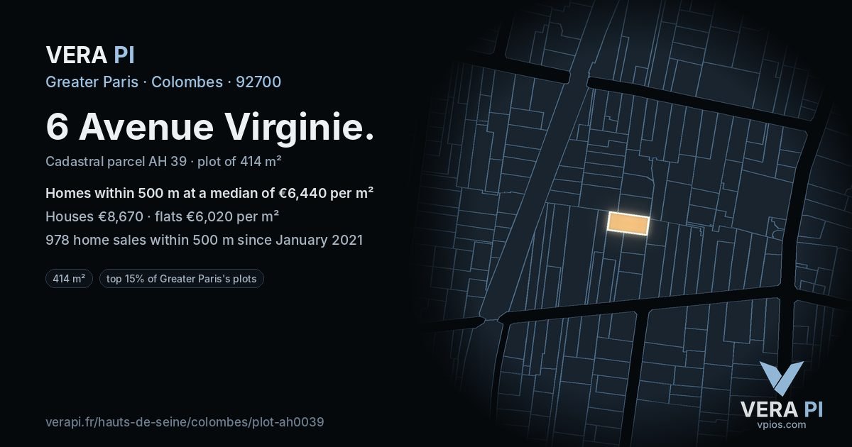 6 Avenue Virginie, Colombes at night – the plot lit, the parcels around coloured by the prices near them
