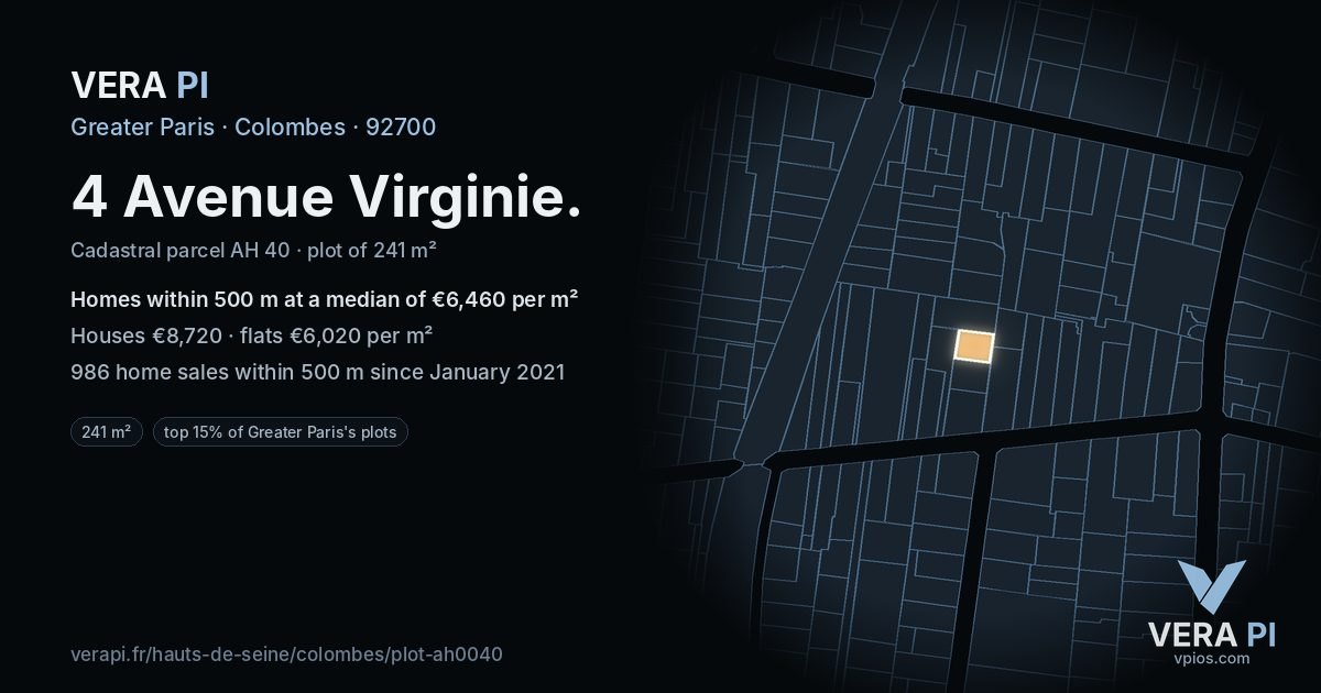 4 Avenue Virginie, Colombes at night – the plot lit, the parcels around coloured by the prices near them