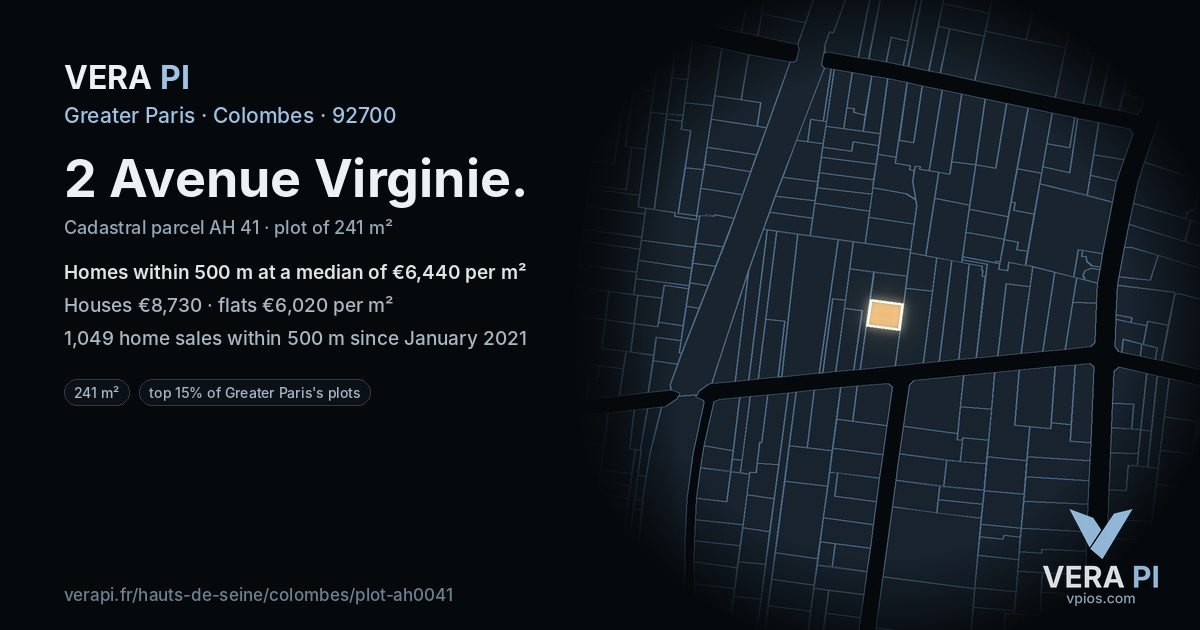 2 Avenue Virginie, Colombes at night – the plot lit, the parcels around coloured by the prices near them