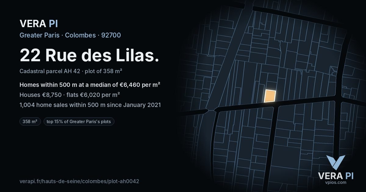 22 Rue des Lilas, Colombes at night – the plot lit, the parcels around coloured by the prices near them