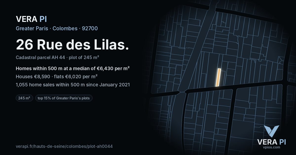 26 Rue des Lilas, Colombes at night – the plot lit, the parcels around coloured by the prices near them