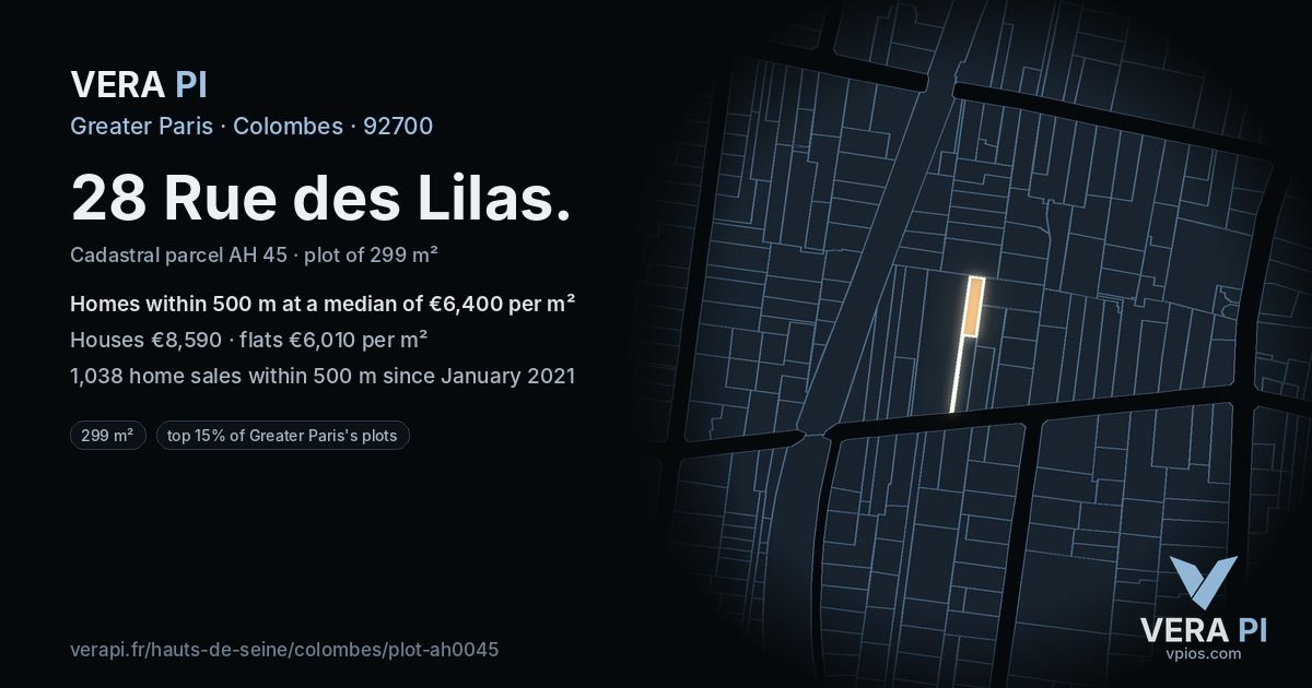 28 Rue des Lilas, Colombes at night – the plot lit, the parcels around coloured by the prices near them