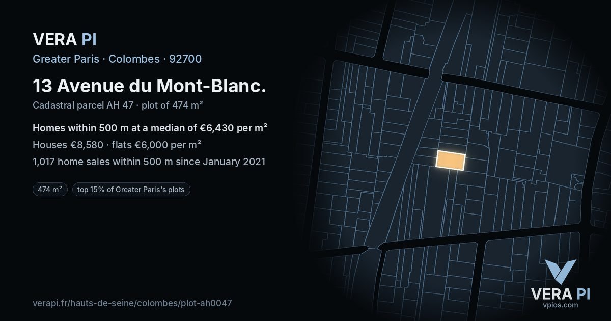 13 Avenue du Mont-Blanc, Colombes at night – the plot lit, the parcels around coloured by the prices near them