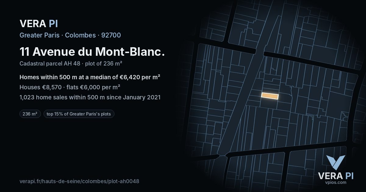 11 Avenue du Mont-Blanc, Colombes at night – the plot lit, the parcels around coloured by the prices near them