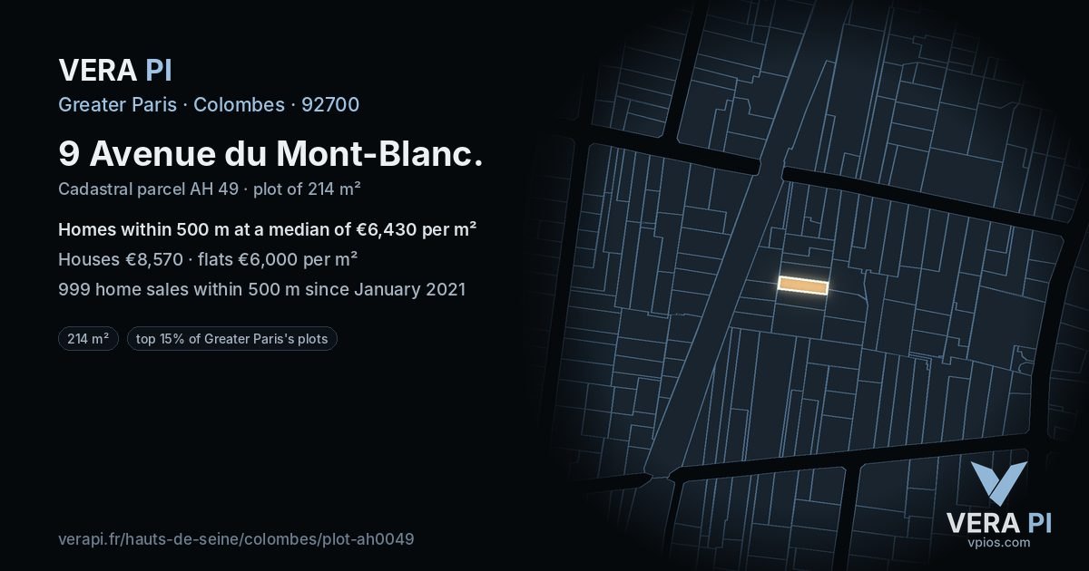 9 Avenue du Mont-Blanc, Colombes at night – the plot lit, the parcels around coloured by the prices near them