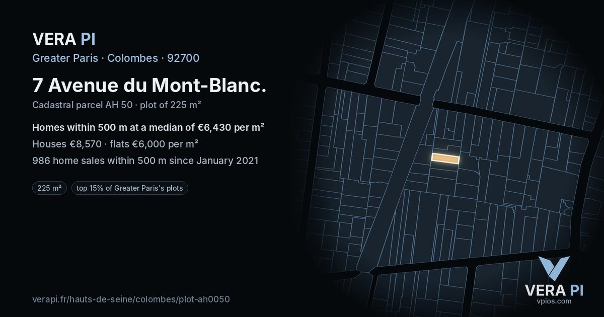 7 Avenue du Mont-Blanc, Colombes at night – the plot lit, the parcels around coloured by the prices near them