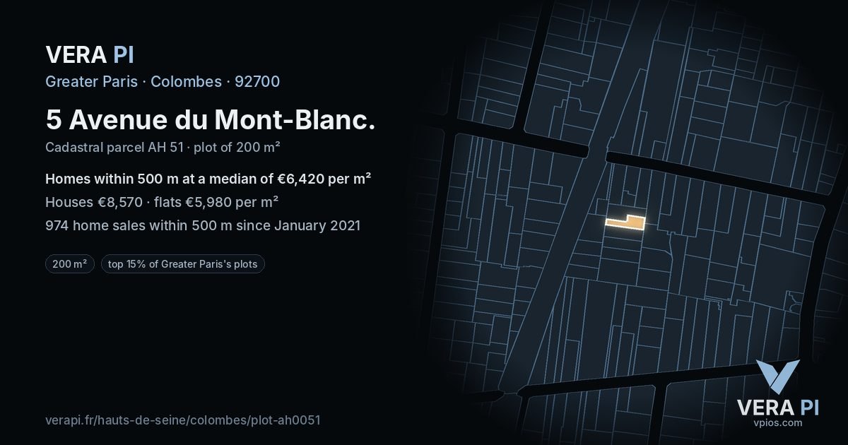 5 Avenue du Mont-Blanc, Colombes at night – the plot lit, the parcels around coloured by the prices near them