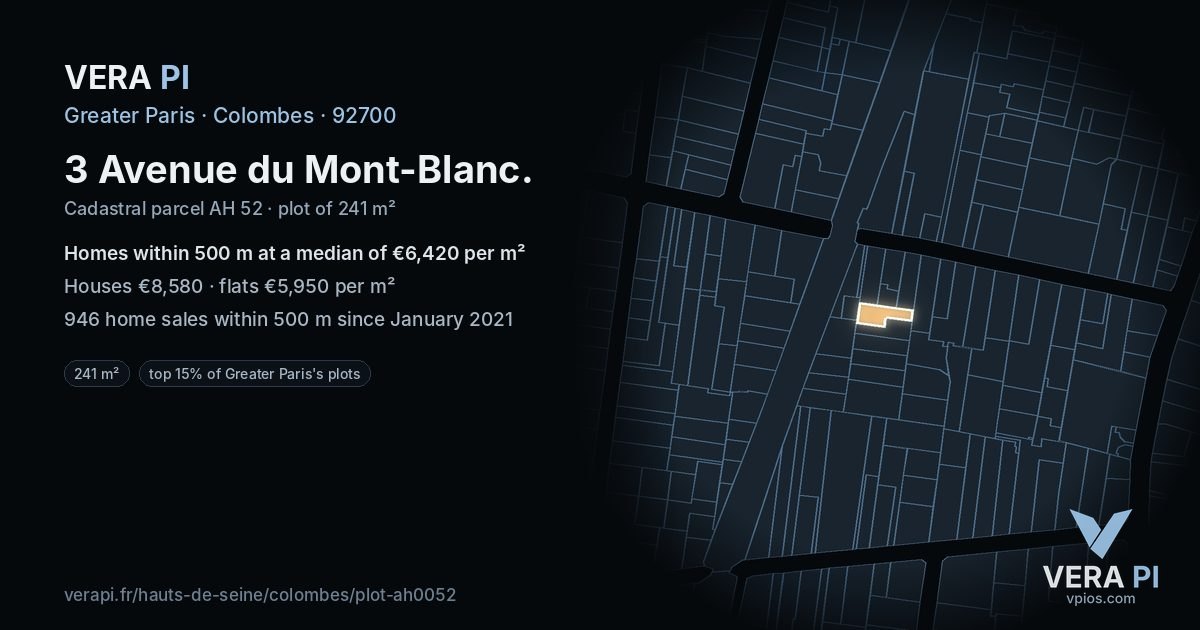 3 Avenue du Mont-Blanc, Colombes at night – the plot lit, the parcels around coloured by the prices near them