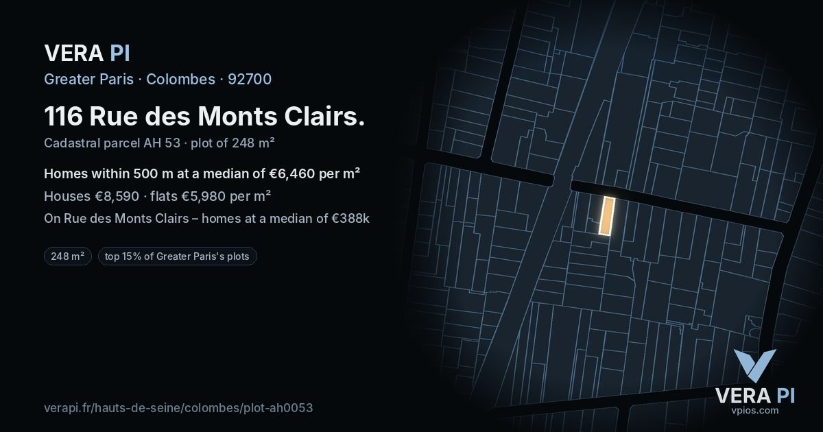 116 Rue des Monts Clairs, Colombes at night – the plot lit, the parcels around coloured by the prices near them