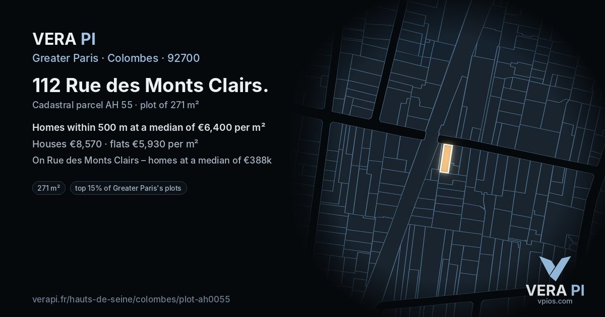 112 Rue des Monts Clairs, Colombes at night – the plot lit, the parcels around coloured by the prices near them