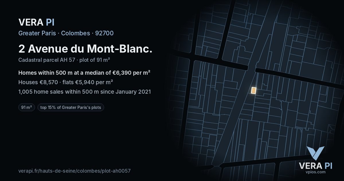2 Avenue du Mont-Blanc, Colombes at night – the plot lit, the parcels around coloured by the prices near them