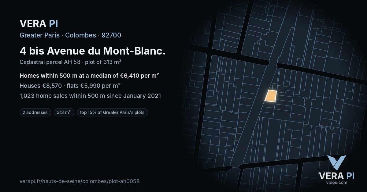 4 bis Avenue du Mont-Blanc, Colombes at night – the plot lit, the parcels around coloured by the prices near them