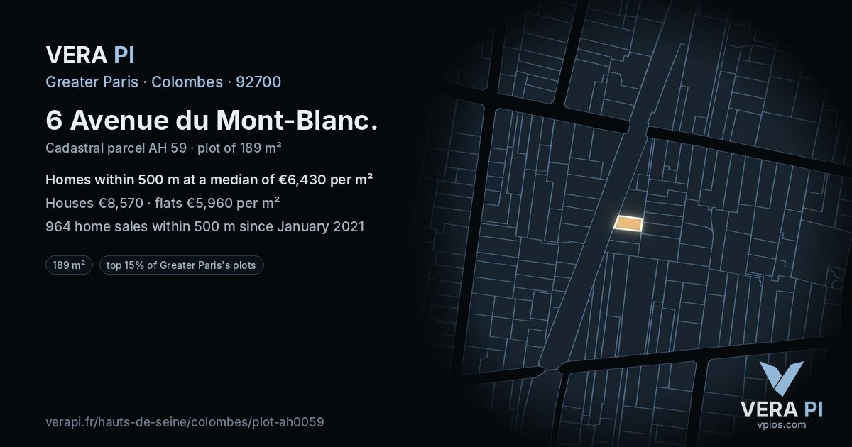 6 Avenue du Mont-Blanc, Colombes at night – the plot lit, the parcels around coloured by the prices near them