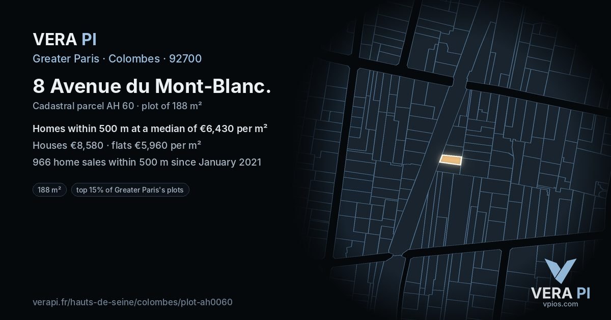 8 Avenue du Mont-Blanc, Colombes at night – the plot lit, the parcels around coloured by the prices near them