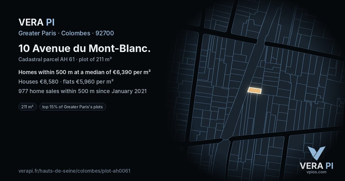 10 Avenue du Mont-Blanc, Colombes at night – the plot lit, the parcels around coloured by the prices near them