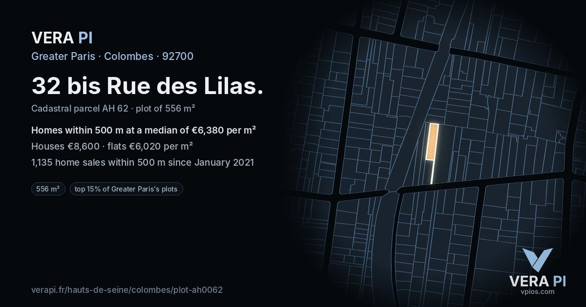 32 bis Rue des Lilas, Colombes at night – the plot lit, the parcels around coloured by the prices near them