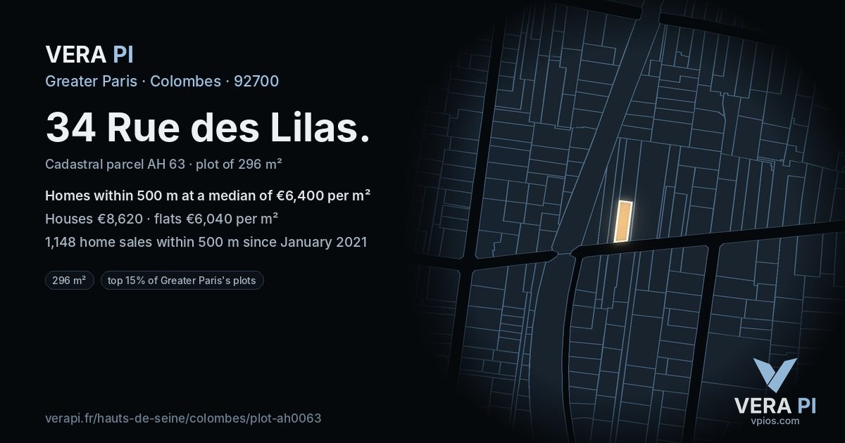 34 Rue des Lilas, Colombes at night – the plot lit, the parcels around coloured by the prices near them