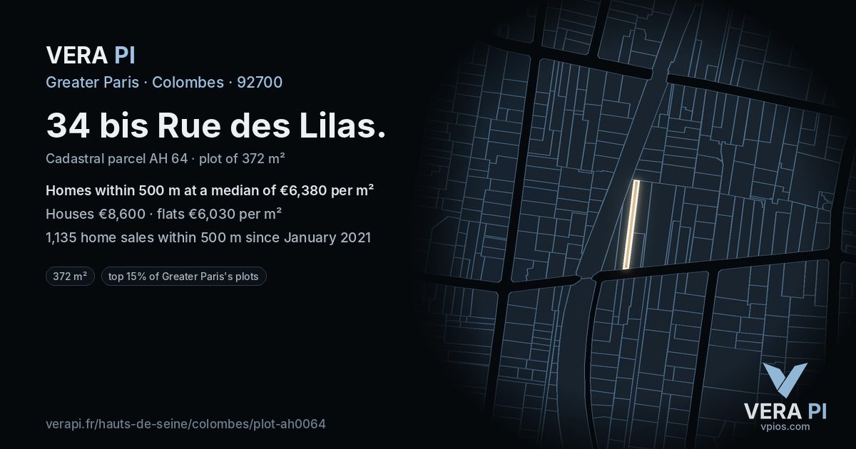 34 bis Rue des Lilas, Colombes at night – the plot lit, the parcels around coloured by the prices near them