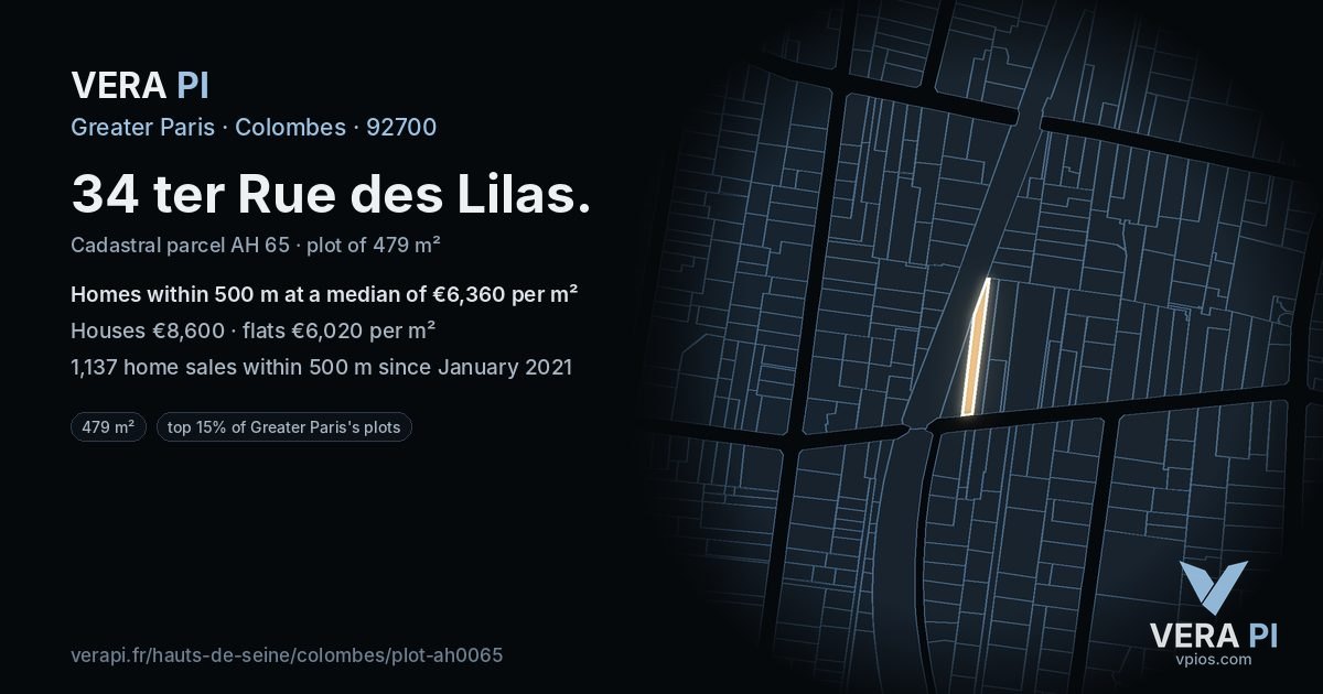 34 ter Rue des Lilas, Colombes at night – the plot lit, the parcels around coloured by the prices near them