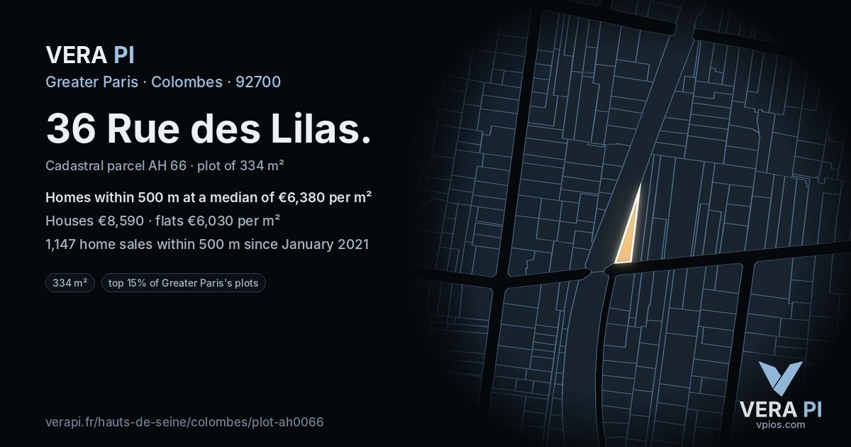 36 Rue des Lilas, Colombes at night – the plot lit, the parcels around coloured by the prices near them