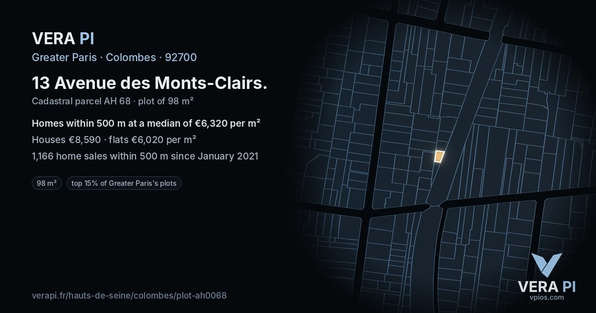 13 Avenue des Monts-Clairs, Colombes at night – the plot lit, the parcels around coloured by the prices near them