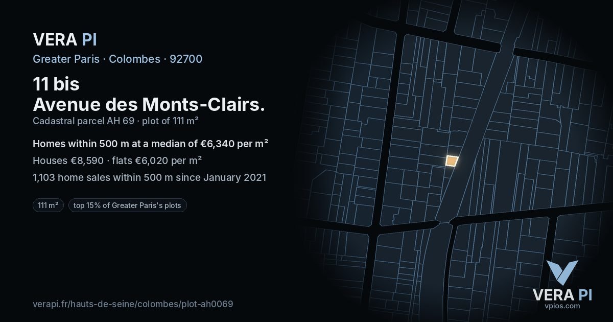 11 bis Avenue des Monts-Clairs, Colombes at night – the plot lit, the parcels around coloured by the prices near them