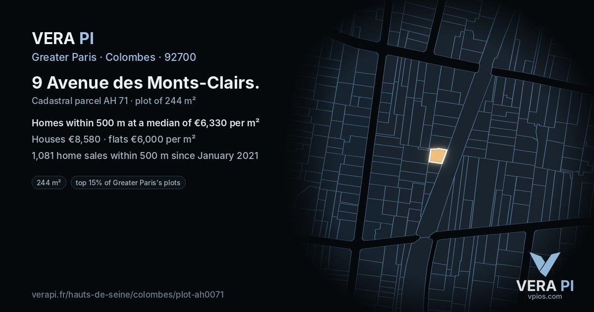 9 Avenue des Monts-Clairs, Colombes at night – the plot lit, the parcels around coloured by the prices near them