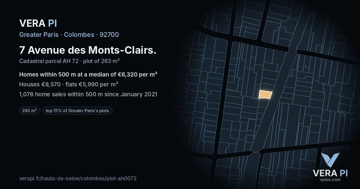 7 Avenue des Monts-Clairs, Colombes at night – the plot lit, the parcels around coloured by the prices near them