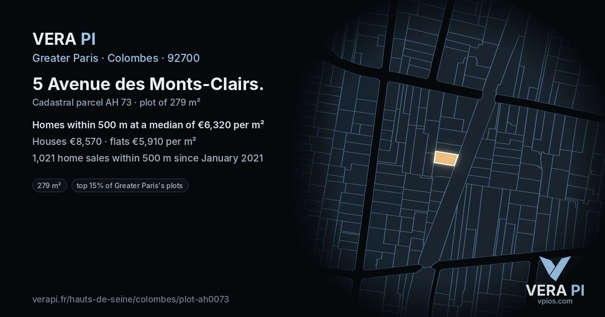 5 Avenue des Monts-Clairs, Colombes at night – the plot lit, the parcels around coloured by the prices near them