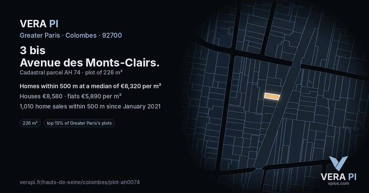 3 bis Avenue des Monts-Clairs, Colombes at night – the plot lit, the parcels around coloured by the prices near them