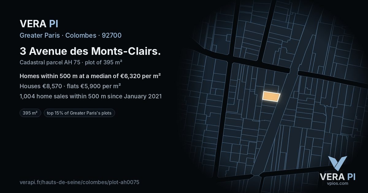 3 Avenue des Monts-Clairs, Colombes at night – the plot lit, the parcels around coloured by the prices near them