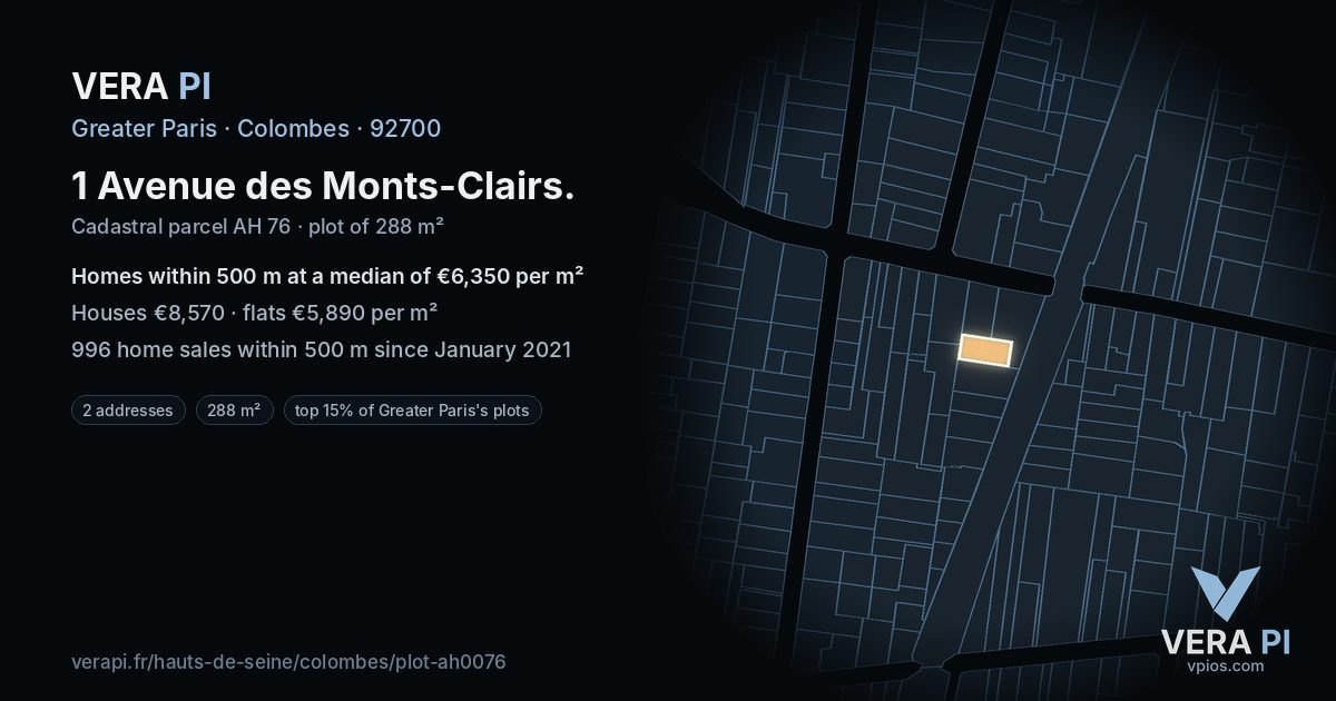 1 Avenue des Monts-Clairs, Colombes at night – the plot lit, the parcels around coloured by the prices near them
