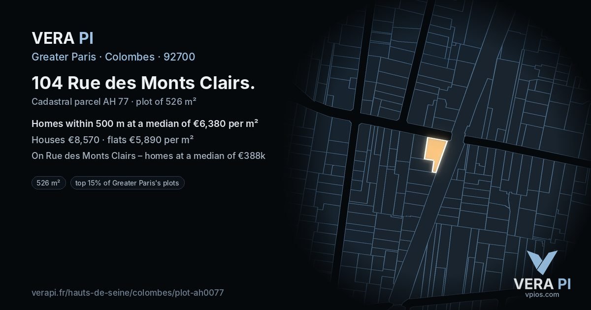 104 Rue des Monts Clairs, Colombes at night – the plot lit, the parcels around coloured by the prices near them