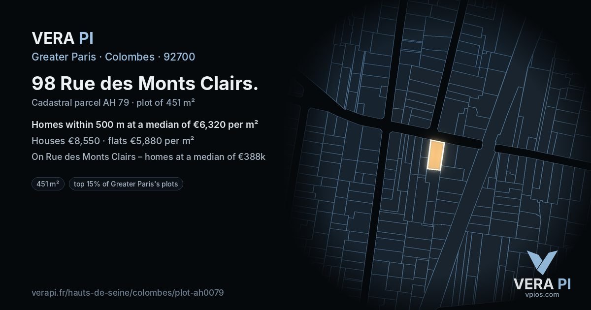 98 Rue des Monts Clairs, Colombes at night – the plot lit, the parcels around coloured by the prices near them